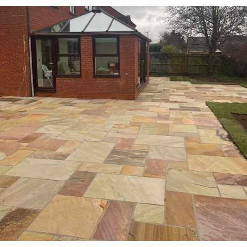 Natural Sandstone 4 Mixed Size Paving in Sahara Buff : 